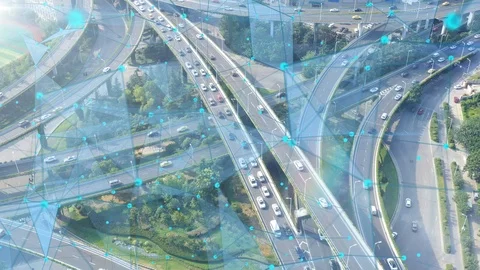 Aerial view of road junction with moving cars,Autopilot concept Stock-Footage 118580006