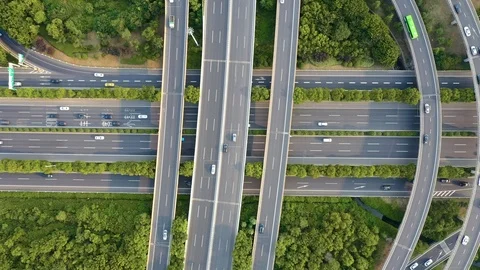 Aerial view of road junction with moving cars,Autopilot concept.Aerial view o Stock Footage 122232715