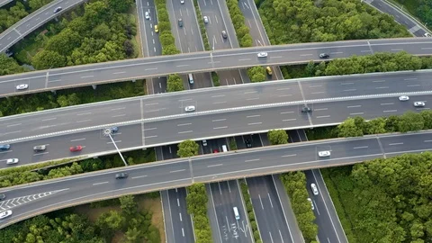 Aerial view of road junction with moving cars,Autopilot concept.Aerial view o 스톡 동영상 122233390