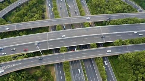 Aerial view of road junction with moving cars,Autopilot concept.Aerial view o Stock Footage 122233790