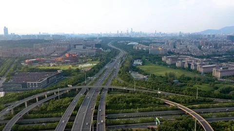 Aerial view of road junction with moving cars,Autopilot concept.Aerial view o 스톡 동영상 122233867