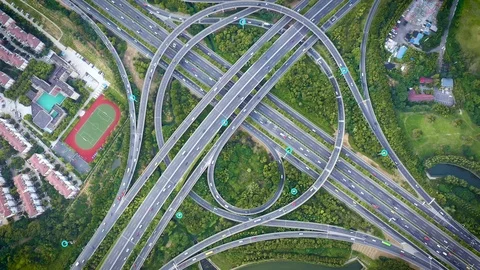 Aerial view of road junction with moving cars,Autopilot concept.Aerial view o Stock Footage 122234169