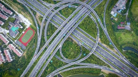 Aerial view of road junction with moving cars,Autopilot concept.Aerial view o Stock Footage 122234865