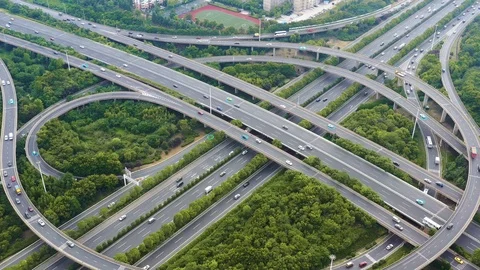 Aerial view of road junction with moving cars,Autopilot concept.Aerial view o Stock Footage 122235393
