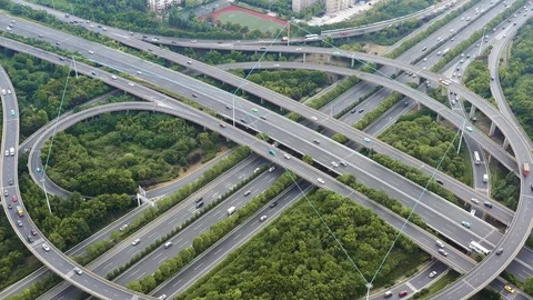 Aerial view of road junction with moving cars,Autopilot concept.Aerial view o Stock Footage 122235688