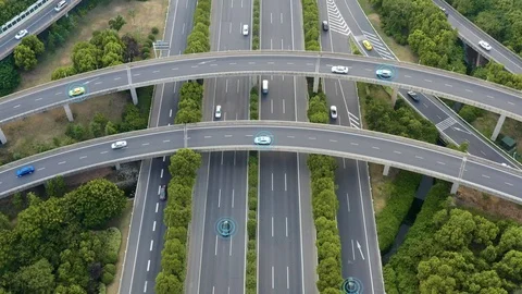Aerial view of road junction with moving cars,Autopilot concept.Aerial view o Stock Footage 122236791