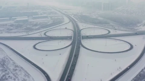 Aerial view - Road junction, winter season Stock Footage 223844503