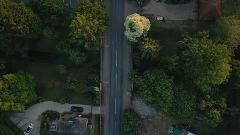 Aerial view of a road lined with trees and houses, with a small stream flow.. Stock Footage 340458590