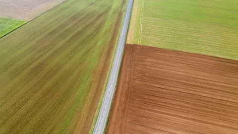 Aerial view of a road in the middle of the fields in Vendee Stock Photos