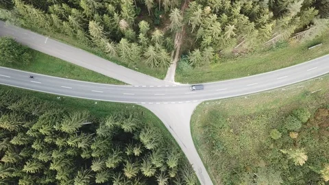 Aerial view of a road in the middle of the forest, cars driving by, still camera Stock Footage 97220672