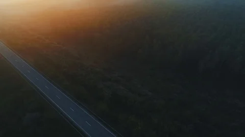 Aerial view of a road in the middle of a forest amidst a thick fog, during a  Stock Footage 114451871