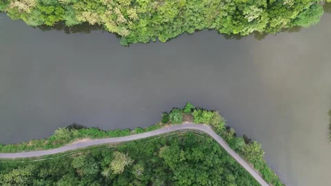 Aerial View of Road in the Middle of the Forest and Lake Stock Footage 265379109