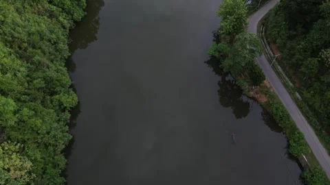 Aerial View of Road in the Middle of the Forest and Lake Stock-Footage 265382927