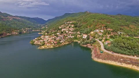 Aerial view of the road over Cavado river in Peneda-Geres National Park Stock Footage 278093249