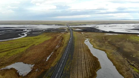 Aerial view of a road passing through a river delta, Iceland. Stock Footage 122424019