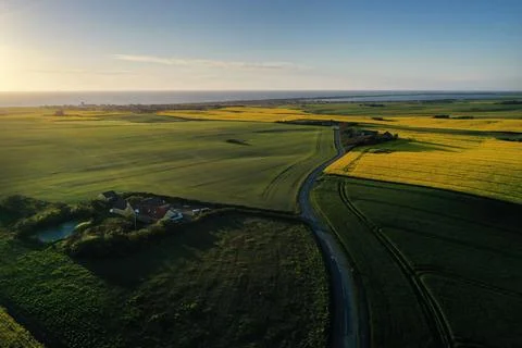 Aerial view of a road surrounded by fields Stock Photos
