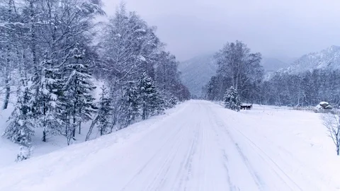 Aerial view road through the forest covered with snow 6 Stock Footage 88160448