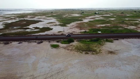 Aerial view of a road through a marshy landscape with water and vegetation Stock Footage 318599189