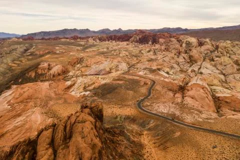 Aerial view of a road through red rock desert in Las Vegas, Nevada Stock Photos
