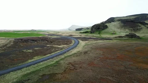 Aerial view of road through volcanic landscape Iceland 4K Stock-Footage 343869423