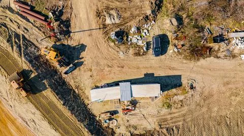 Aerial view on road under construction, building the bridge with roundabout Stock Photos