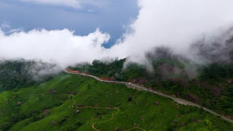 Aerial View of  Roads in Munnar Surrounded by Tea Plantations and Clouds Видео 341311658
