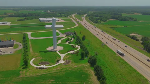 Aerial View of Roadside Cross Attraction and Gardens Effingham Illinois Stock Footage 346791606