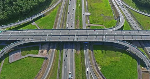 Aerial view of roadway in suburban Stock Footage