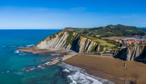 Aerial view of rock formations at Zumaia or Itzurun beach in Spain Stock Photos