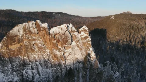 Aerial view of rocks and forest with Siberian nature reserve Stolby. Stock Footage 101596238
