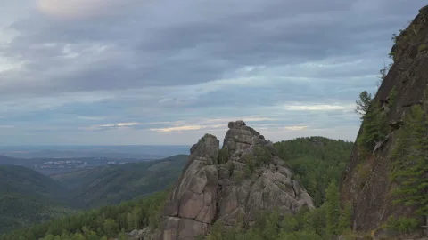 Aerial view of rocks and forest in the Siberian Stolby Nature Reserve Stock Footage 149083262