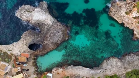 Aerial view of rocky  beach , Cala S'Almunia Stock Footage 71278376