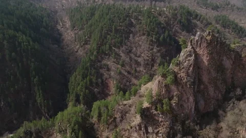 Aerial view of rocky cliffs and dense forest in mountains Stock Footage 310771733