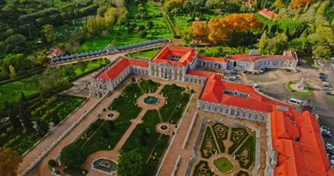 Aerial View Of Rococo Style Queluz Palace And Grounds In Sintra Descend Tilt Up Stock Footage 300448583