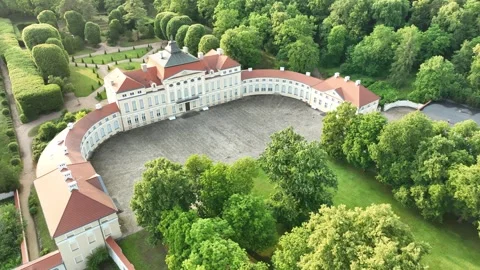 Aerial View of Rogalin Palace Surrounded by Park and Green Landscape-seg7 Stock Footage 327871814