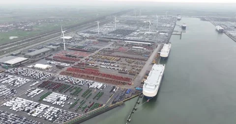 Aerial view on the roll on roll of terminal of Zeebrugge, large scale transport Stock Footage 275961973