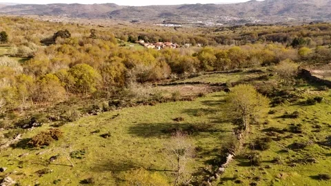 Aerial view of rolling green hills and stone walls in the countryside, Spain. Stock Footage 334829316