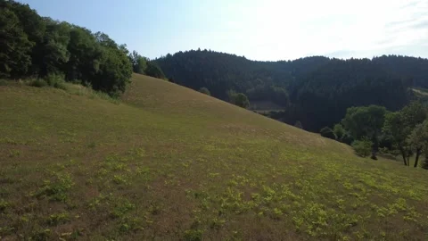 Aerial view of rolling green hills and countryside on a sunny summer day Stock Footage 340520678