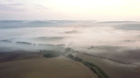 Aerial view of rolling landscape in a soft early morning light. Stock Footage 95003481