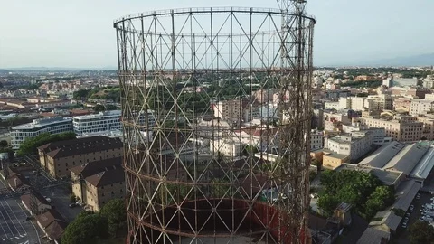 Aerial view, Rome at sunset, River, bridges and the Gasometer in an old district Stock Footage 90644111