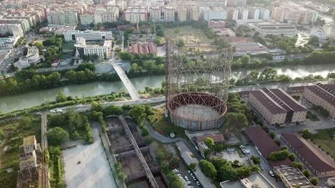 Aerial view, Rome at sunset, River, bridges and the Gasometer in an old district Stock Footage 90645581