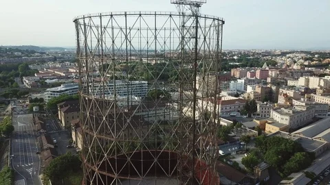 Aerial view, Rome at sunset, view of the Gasometer in an old district Stock Footage 90695294