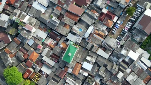 Aerial view rooftop of crowded slum neighborhood Jakarta Video stock 147615520