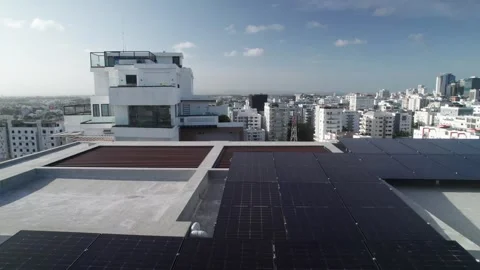 Aerial View of Rooftop Solar Panel Array in Santo Domingo Stock-Footage 337110777