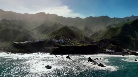 Aerial view of Roque de las Bodegas coast and Almaciga, Tenerife Stock Footage 336446986