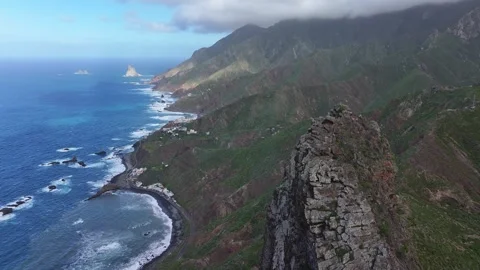 Aerial View of Roque de Las Animas and Taganana Coast in Anaga, Tenerife 스톡 동영상 344693706