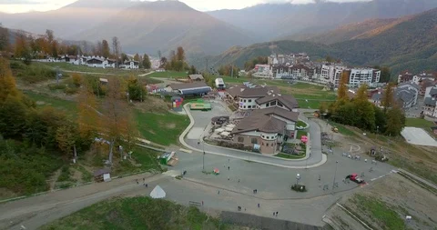 Aerial view of Rosa Khutor Alpine Resort in Autumn, Russia Stock Footage 129808883
