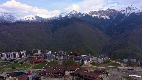 Aerial view of Rosa Khutor ski resort on a cloudy day Stock Footage 124927804