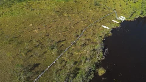 Aerial view rotating away from a man walking on duckboards at Lake Savijarvi Stock Footage 346501339