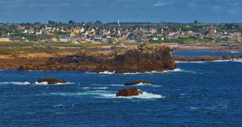 Aerial view. A rotating flight above Phare du Four a lighthouse in Brittany 스톡 동영상 311421802